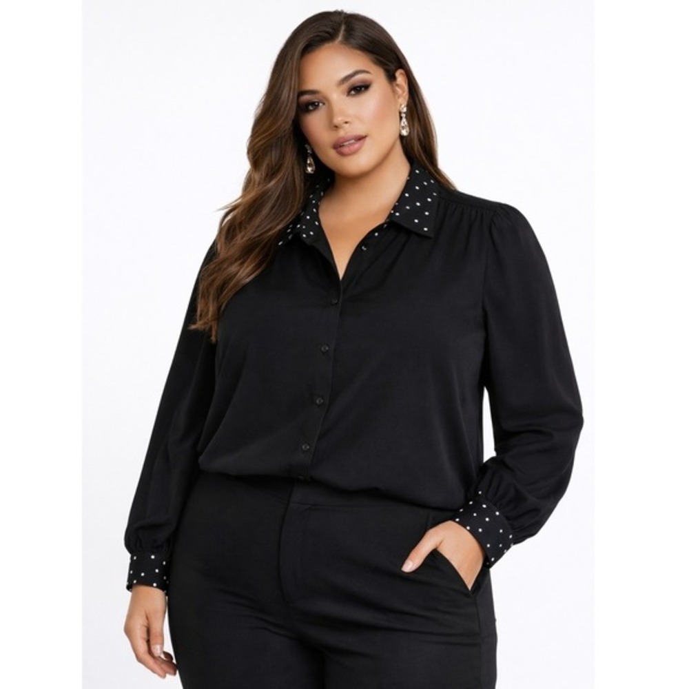 Les Serein Liv Long Sleeve Knit Top Womens‎ 3X Black Polka Dot NWT